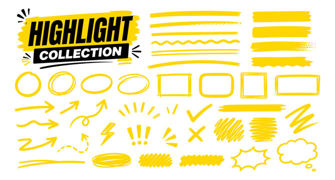Hand drawn yellow highlighter marks with bold marker strokes, text underline lines, arrows, circles and rectangle frames for notes, planners and graphic design. Vector illustration