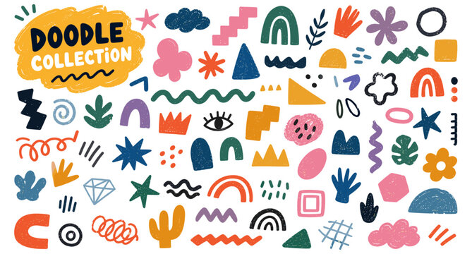 Funky crayon doodle shapes collection with abstract geometric squiggles, naive stars and primitive figures. Hand drawn colorful sticker elements with pencil texture for modern vector illustration.