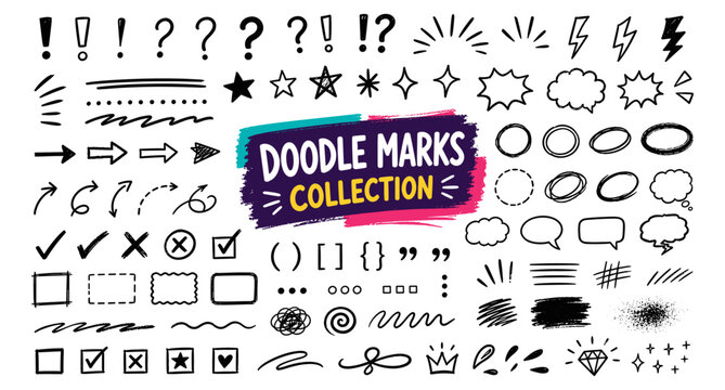 Hand drawn scribble punctuation and emphasis marks collection. Pencil charcoal circles arrows underlines swirls check marks graffiti brush accents vector illustration