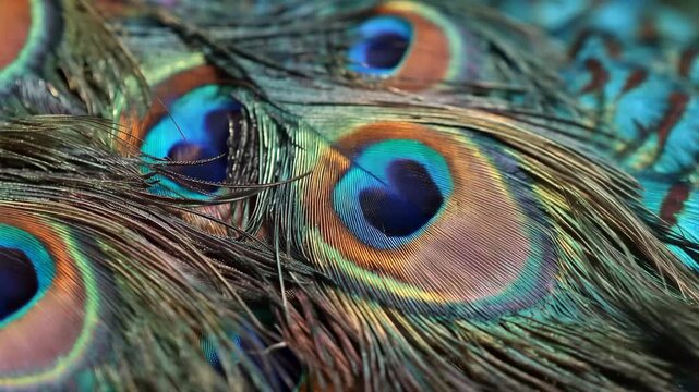Peacock feathers showing bright colors and intricate patterns close up in natural light during daytime