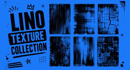 Linocut stamp texture collection with grunge ink roller overlays, distressed urban print backgrounds, rough black paint frames, vintage letterpress smears and street art vector texture set. © aura studio