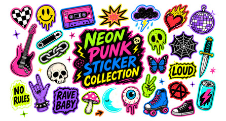 Obraz premium Neon y2k punk sticker collection with rock and roll doodles, grunge scrapbook elements, lightning, flames, hearts and scribble icons for collage, zine and street style vector illustration