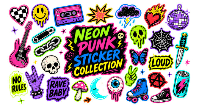 Neon y2k punk sticker collection with rock and roll doodles, grunge scrapbook elements, lightning, flames, hearts and scribble icons for collage, zine and street style vector illustration