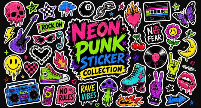 Y2k neon rock punk sticker pack with crayon drawn grunge doodles, fire flames, hearts, lightning bolts and scribble collage elements for scrapbook, music zine and streetwear vector illustration