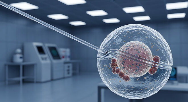 3D Illustration of Microinjection Into a Cell or Ovum for IVF and Genetic Engineering