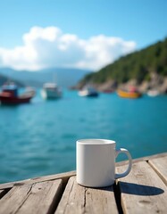 Fototapeta premium White mug on weathered wooden dock. Boats float on calm blue bay water. Sunny day brings peace and quiet. Nature scene evokes morning coffee.