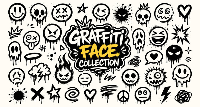 Graffiti smiley face spray paint collection with crossed eyes, grunge skull symbols, urban street art doodles, funky splatter icons and punk spray paint vector illustration
