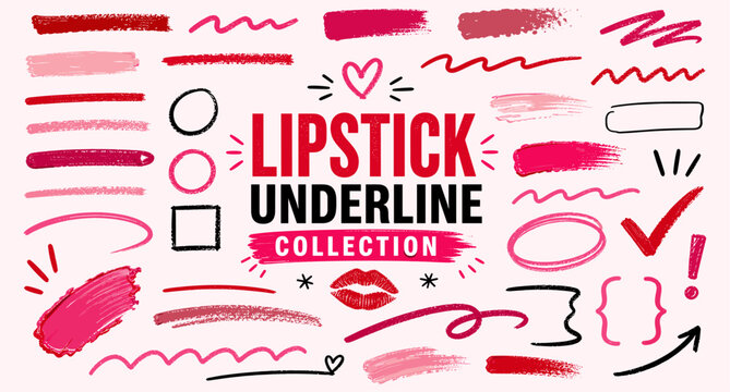Hand drawn lipstick marker underlines and crayon highlight strokes for beauty branding and text decoration. Red and pink doodle swipes, cosmetic scribbles and emphasis lines. Vector illustration.