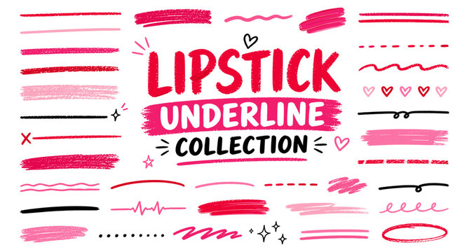 Crayon lipstick underline strokes and red pink strikethrough marks for hand drawn beauty text design. Cosmetic highlight swatches, doodle emphasis lines and makeup brush accents. Vector illustration.