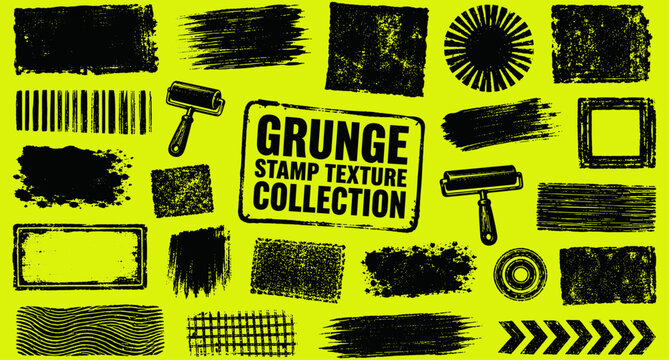 Grunge linocut stamp texture collection with black ink roller smudges, neon yellow green paper overlays, distressed letterpress frames, rough print effects and vintage vector illustration