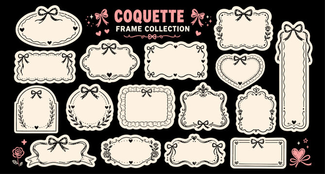 Coquette vintage ribbon frames with whimsical bows and crayon doodle borders for bachelorette party invitations, romantic wedding decor and feminine birthday card vector illustration.
