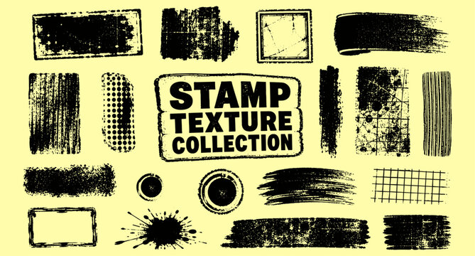 Neon acid green grunge print textures with black linocut ink stamps, rough roller smears, distressed paper rectangles, dirty urban overlays and vintage vector illustration