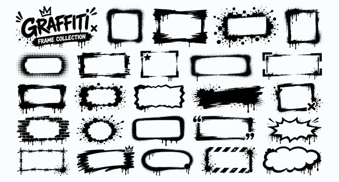 Graffiti spray paint stencil frames with grunge splatter borders, urban spray texture rectangles, black aerosol paint banners and rough ink boxes for text or photo layouts. Vector illustration.