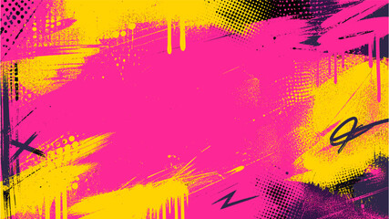 Neon punk graffiti spray paint background with distressed halftone texture, urban grunge drips, aerosol splash, retro street art poster effect, cyber noise overlay vector illustration © aura studio