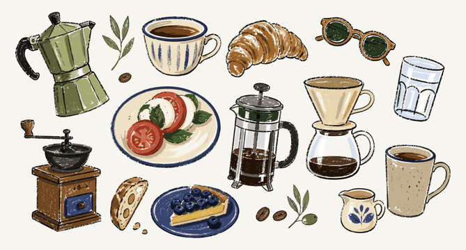 Hand drawn coffee doodle clipart collection with espresso cup, French press, croissant and Italian brunch cafe sketch. Vintage pastel breakfast menu objects vector illustration