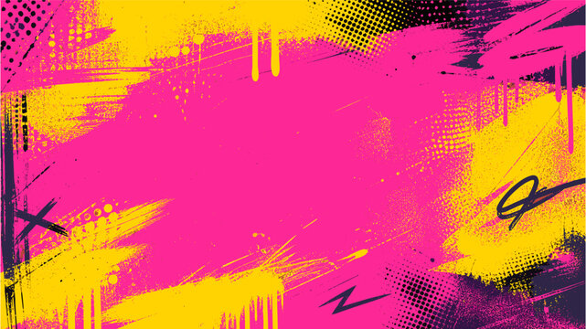 Neon punk graffiti spray paint background with distressed halftone texture, urban grunge drips, aerosol splash, retro street art poster effect, cyber noise overlay vector illustration