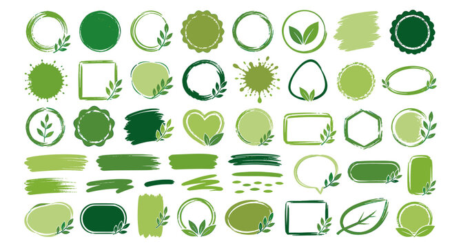 Green eco brush stroke badges and vegan label shapes for organic product packaging, handmade nature tags, botanical sticker elements, farm seals and paint stamp vector illustration.