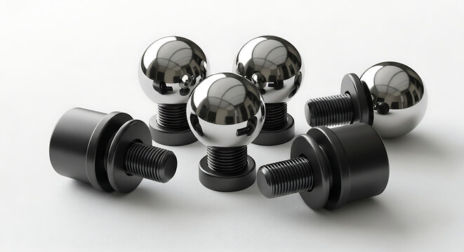Set of Chrome Ball Stud Bolts and Black Industrial Mounting Fasteners on White Background