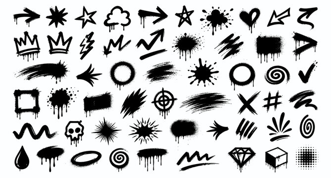 Street graffiti spray paint symbols and urban grunge splash icon set with drip arrows, stencil tags, brush textures and gritty hip hop vector illustration