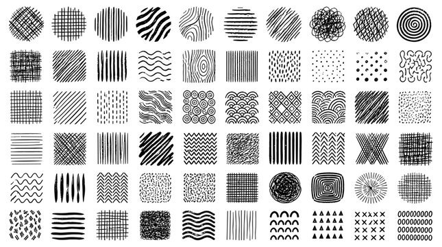 Crosshatch seamless pattern set with hand drawn crayon hatch texture, zebra stripes, woodgrain scribble lines, linen fabric shading and abstract wavy doodle swatches. Vector illustration