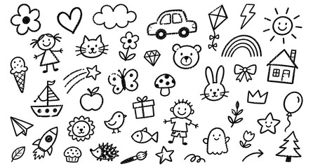 Funky childish doodle icons and cute crayon drawings collection for kids design, nursery decor, sticker packs, playful toys, flowers, rainbow, animals and cartoon vector illustration