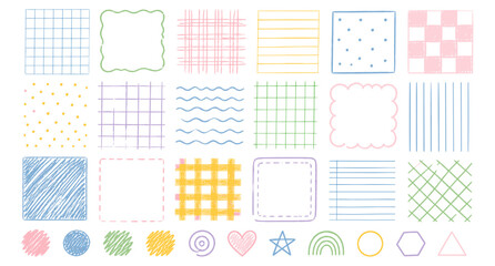 Hand drawn crayon notebook grids and bullet journal lines collection. Blue geometric plaid patterns, polka dot memo pages, checkered paper textures for planner and school vector illustration. © aura studio