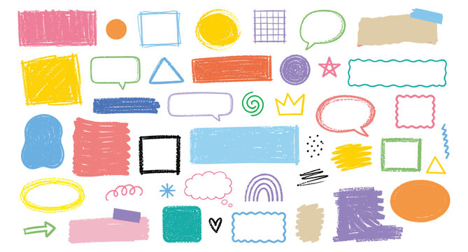 Colorful crayon drawn grunge rectangles and square frames with rough texture. Hand drawn speech bubbles, childish text boxes, geometric doodle labels and note banners vector illustration