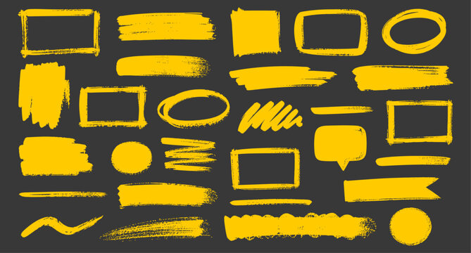 Yellow brush highlight text box set with dry grunge marker strokes, hand drawn quote frames, funky underline banners, abstract rectangle labels and scribble text elements. Vector illustration
