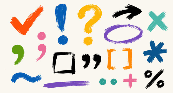 Bold brush punctuation marks collection with hand drawn check marks, question marks, exclamation symbols, arrows and typographic doodle elements for text highlight vector illustration