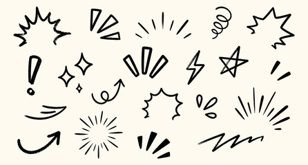 Fototapeta na wymiar Crayon drawn attention symbols and doodle emphasis marks collection. Hand drawn sparkle bursts, comic rays, sketch highlight signs, manga starburst shapes and vector illustration