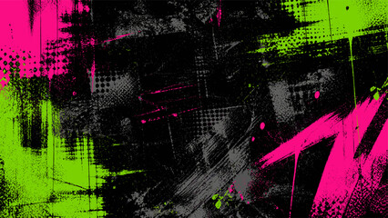 Urban punk graffiti grunge texture background with neon spray paint scratches, distressed street poster overlay, rough brush strokes, halftone noise, dirty concrete print effect vector illustration © aura studio