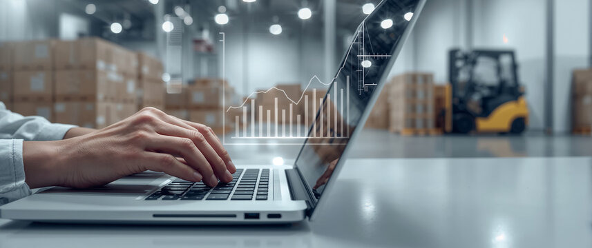 a man working on a laptop, a warehouse with boxes, graphs