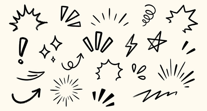 Crayon drawn attention symbols and doodle emphasis marks collection. Hand drawn sparkle bursts, comic rays, sketch highlight signs, manga starburst shapes and vector illustration