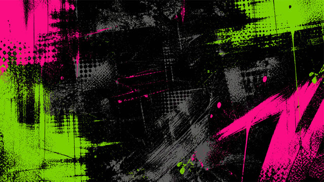 Urban punk graffiti grunge texture background with neon spray paint scratches, distressed street poster overlay, rough brush strokes, halftone noise, dirty concrete print effect vector illustration