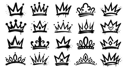 Graffiti crown symbols with bold brush paint strokes, punk king and queen tiara doodles, urban spray splash street art stencil elements, grunge ink crown collection vector illustration © aura studio
