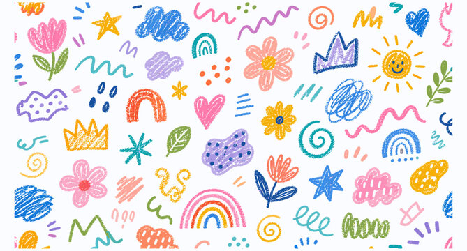 Colorful kids seamless pattern with crayon doodles, funky flowers, playful squiggles, childish scribbles, quirky abstract shapes, cute pastel wallpaper background vector illustration