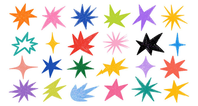 Jagged irregular starburst shapes with crayon doodles and grunge texture. Hand drawn scrapbook collage stars, playful chalk scribbles, angular comic spark icons, abstract zine vector illustration