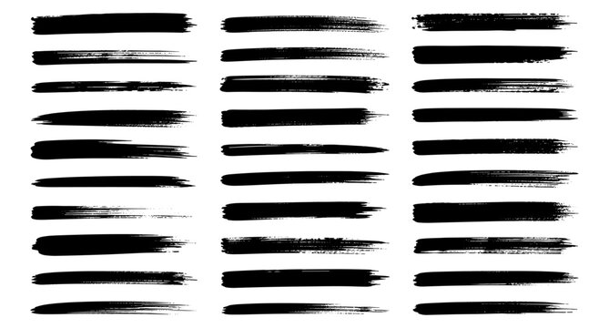 Black highlighter brush stroke lines set for underline banners, dry paint marker stripes, rough grunge ink smears and bold hand drawn highlight elements. Vector illustration