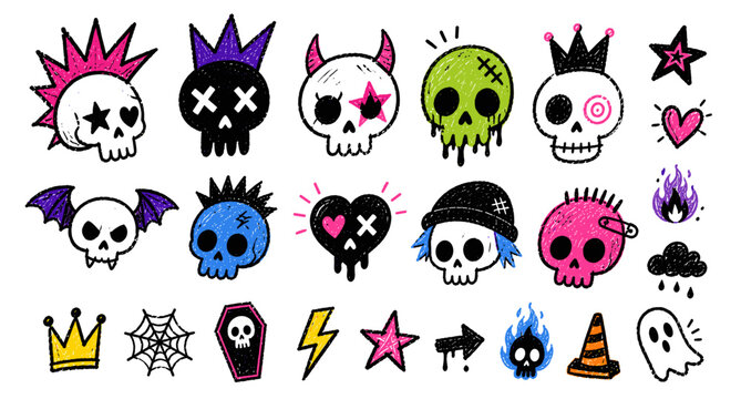 Punk skull sticker collection with crayon scribble doodles, gothic horror skulls, bat wings, crown eyes, emo graffiti elements, Halloween festival badges and funky rock vector illustration