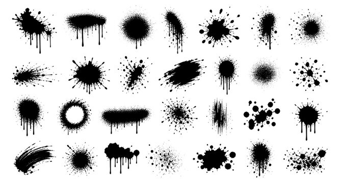 Grunge graffiti spray paint splashes and aerosol drip stains. Urban street art splatter texture with dirty mud spray, punk paint drops, abstract grunge dissolve overlay vector illustration