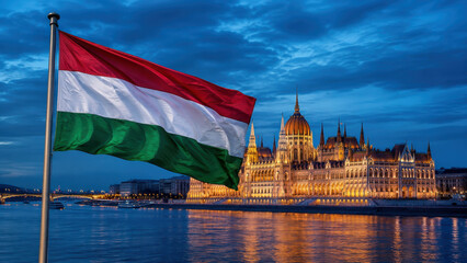 Naklejka premium Hungary Flag Waving over Budapest Parliament on the Danube
