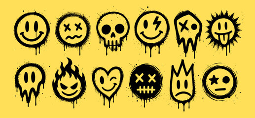Graffiti spray paint smile faces and grunge skull symbols with urban street art splashes, funky drips, spray texture, sticker emotions, abstract doodle characters and punk vector illustration © aura studio