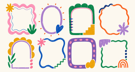Colorful decorative frame collection with crayon texture, funky groovy borders, playful geometric picture templates for wedding invitations, greeting cards and poster layouts. Vector illustration © aura studio