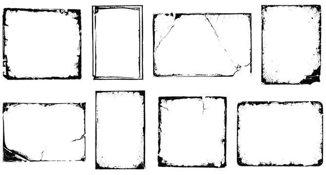 Grunge square and rectangle frame collection with folded paper creases, distressed poster borders, rough vintage overlay textures, torn layout boxes and retro album frame vector illustration