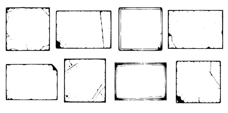 Vintage distressed rectangle and square borders with folded paper texture, grunge poster frames, rough overlay boxes, scratched retro layout elements and worn paper edge vector illustration