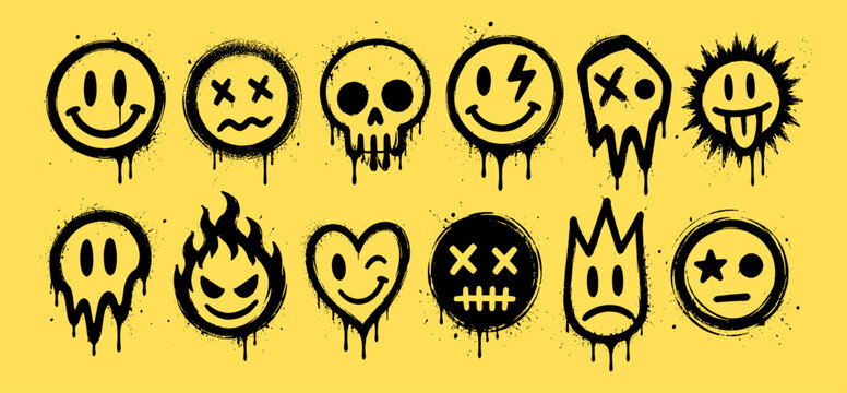 Graffiti spray paint smile faces and grunge skull symbols with urban street art splashes, funky drips, spray texture, sticker emotions, abstract doodle characters and punk vector illustration