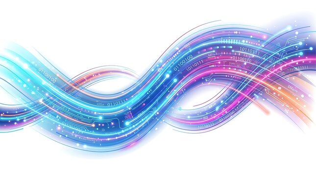 Abstract digital wave of glowing blue and pink light trails with binary code and circuit patterns on white background