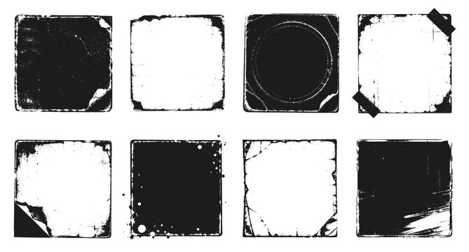 Retro grunge vinyl album cover frame template with torn paper edges, scratched square borders, dirty folded overlay texture, vintage music poster design, CD package vector illustration