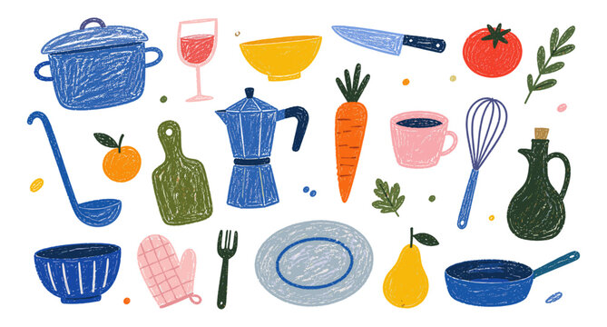 Blue crayon kitchen utensils and cooking appliance doodles. Hand drawn childish cookware objects, cute restaurant tools, plate, fork, spoon, pan, bowl, food elements vector illustration.