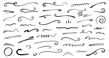 Hand drawn curly swishes and swooshes vector illustration. Calligraphy underline tails, squiggle flourishes, swoop strokes, typography accents, pen curls and decorative swirl lines. © aura studio